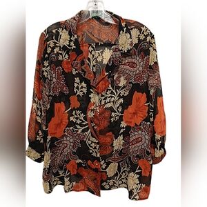 Blouse Fancy Sparkle Sz XL Floral Art Deco Artsy Black Orange Tunic Equestrian